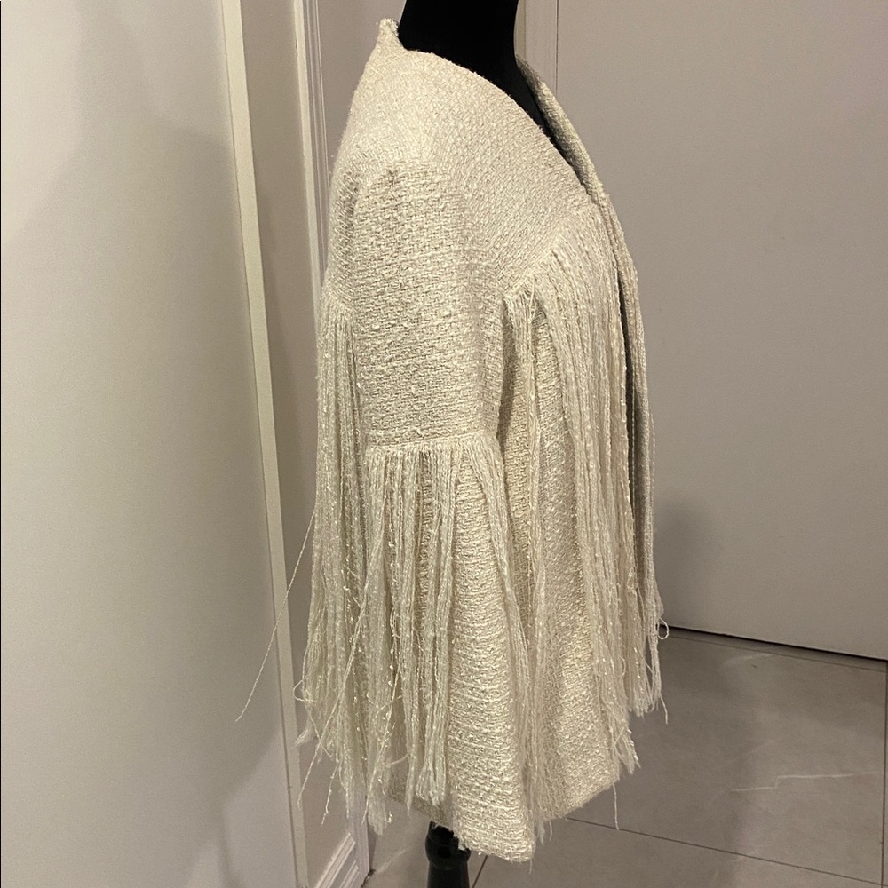 ZARA Ecru Cream Fringe Open Cardigan Tweed Textured Structured Jacket Sze Small - Picture 9 of 17